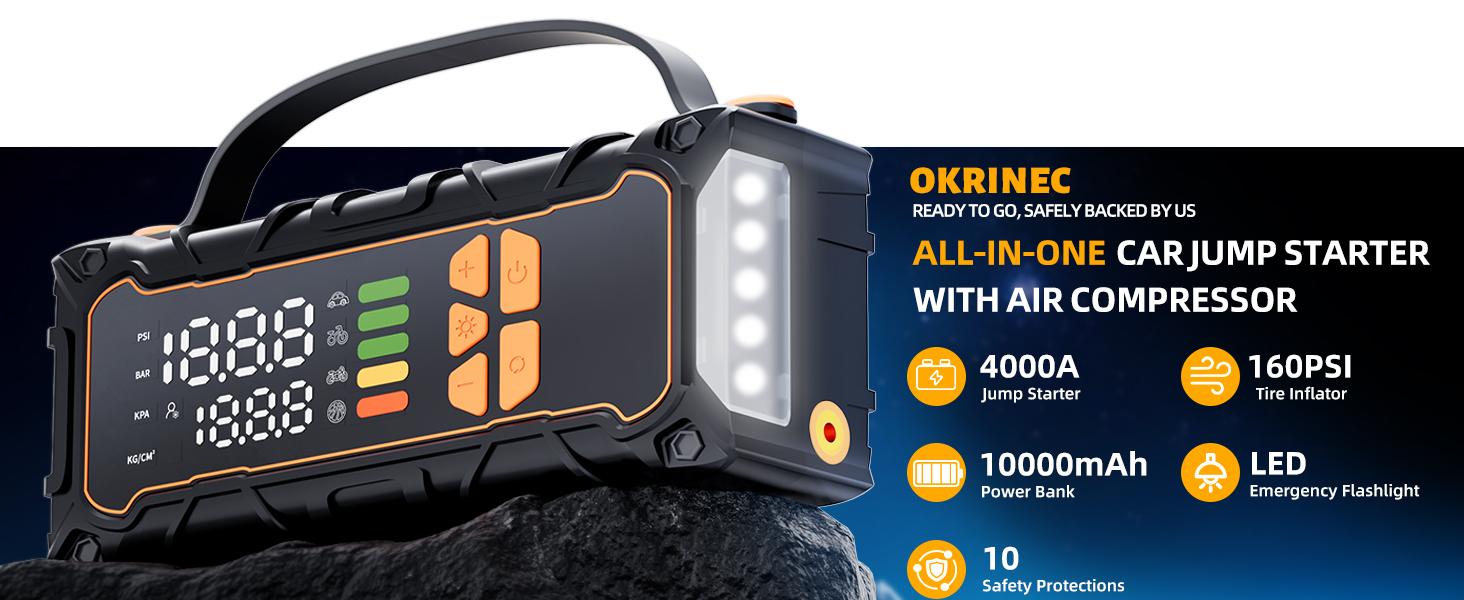 AAIVV Upgraded Portable Car Jump Starter,4000A Car Battery Starter, with 160PSI Tire Inflator, 12V Car Battery Starter, 15000mAh Mobile Power Bank, with LED Light. AAIVV Upgraded Portable Car Jump Starter,4000A Car Battery Starter, with 160PSI Tire Inflator, 12V Car Battery Starter, 15000mAh Mobile Power Bank, with LED Light.