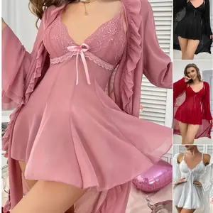 Lingerie For Women 2 pcs Womens Lace Bodysuit Sexy Nighty Mesh Sleepwear V Neck Chemise Nightgowns