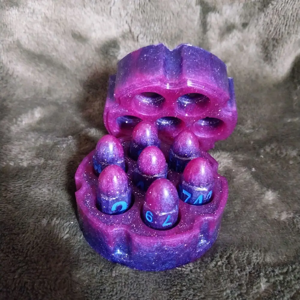 Epoxy Resin D&D Bullet Dice with Revolver Cylinder Cary Case Purple Glitter Design Dice Set