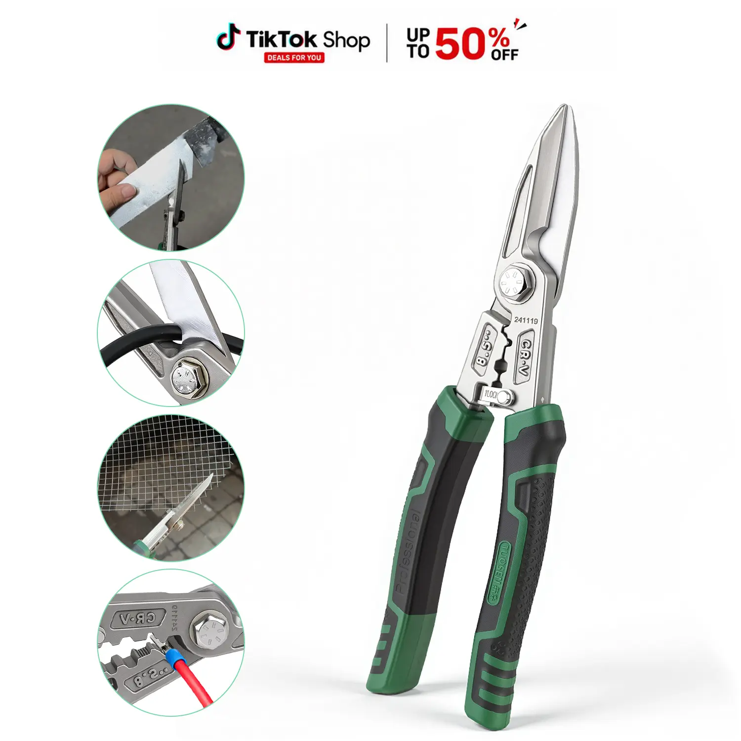 5 in 1 Heavy Duty Tin Snips Metal Shears CR V Steel Stainless Steel Sheet Metal Cutter Wire Cutter Wire Stripper Crimper Cable Cutting Tool for Light Steel Keel DIY Renovation