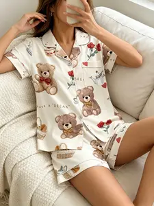 Women's Short Sleeve Button Down Top and Shorts Pajama Set, Spring Summer Wear, For French Romantic Lovers, White Base Rose Teddy Bear Print, Classic Lapel Collar, Loose Fit, Comfortable For Home & Travel