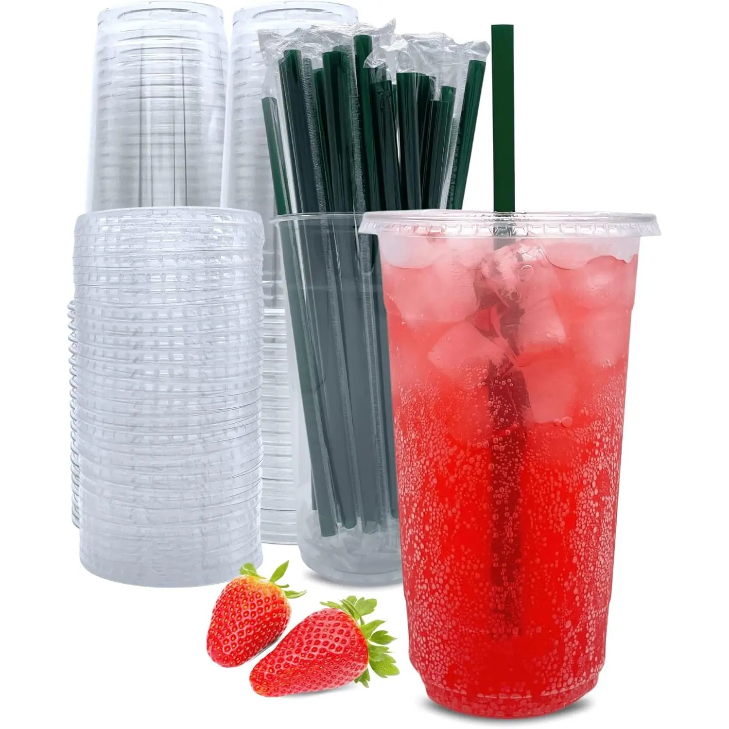[50 Sets] 32 oz Clear Plastic Cups with Lids and Straws, Disposable Coffee Cups