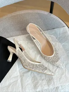 Elegant Stylish Classy Classic Fashion Sequined Mesh Pointed Toe High Heel Bridal Heels Shoes, European Style Spring New Full Star Design Stiletto Sandals, Medium Width, Tpu Sole