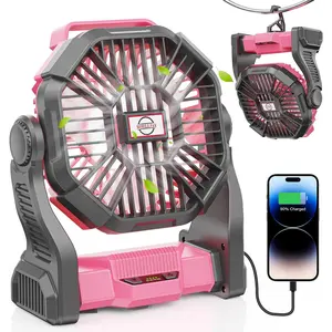 Camping Fan with LED Lantern, 30000mAh Portable Rechargeable   Table Fan with Hook, Camping Gear for Picnic, Fishing,  or Hurricane Power Outages (Pink)