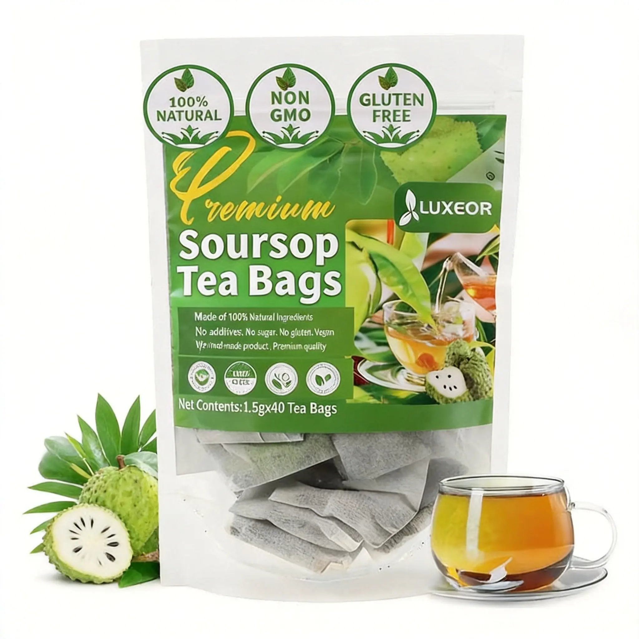 40 Premium Soursop Leaves Tea Bags,100% Pure & Natural from Soursop Leaves, Handmade,Made With Natural Materials-Corn Fiber Tea Bag, Sugar/Caffeine/Gluten Free, Hoja Guanabana Tea