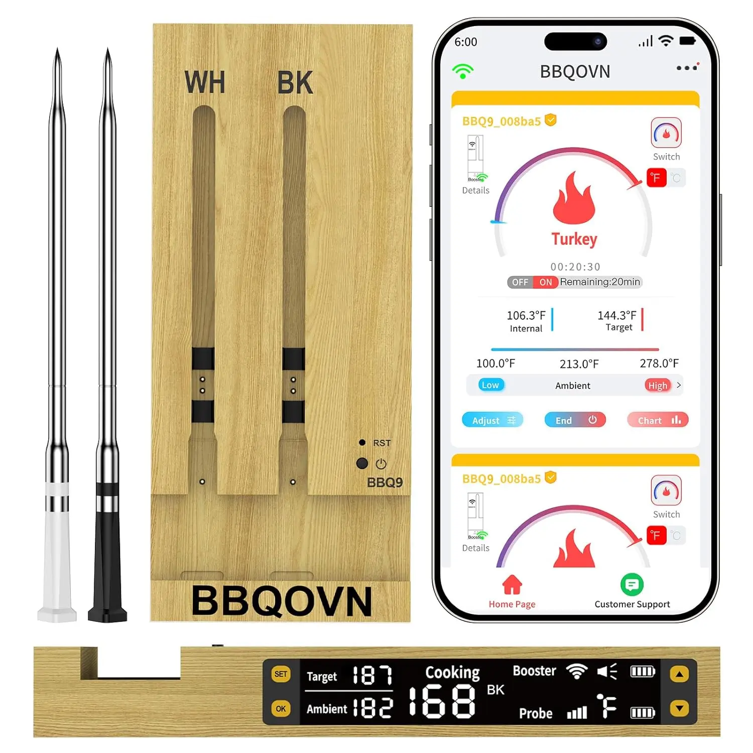 Wireless Digital Cooking Thermometer, Smart Bluetooth-WiFi Monitoring Kitchen Gadget, Waterproof Precise Kitchen Utensil for BBQ Cooking, No App Needed