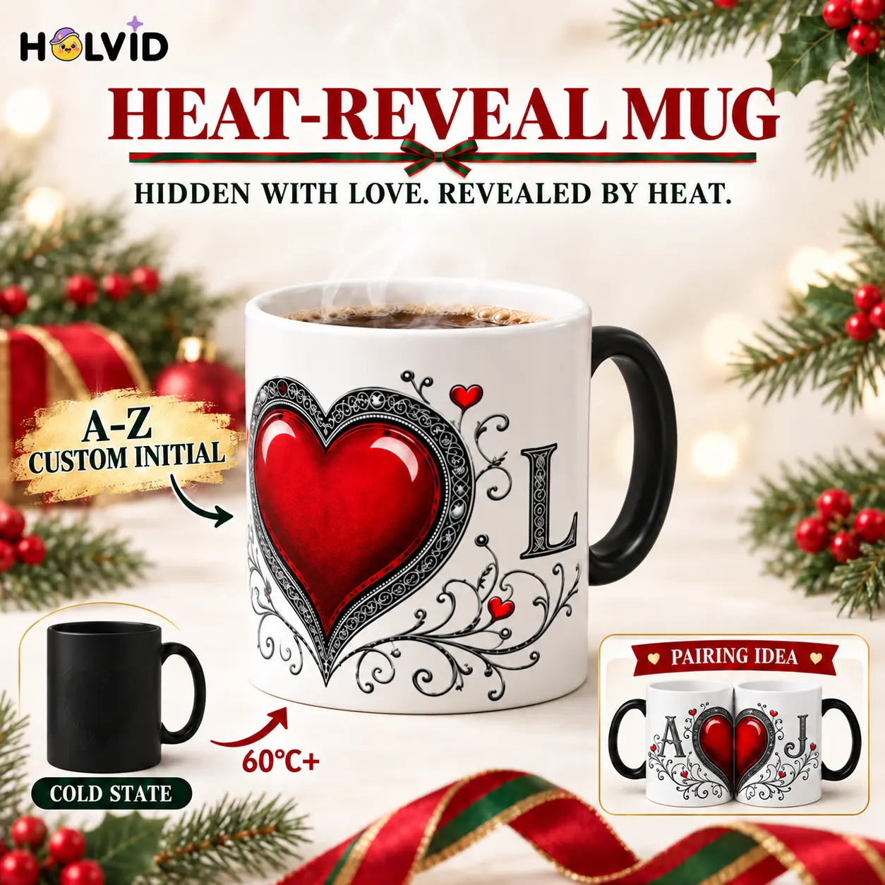 11oz Personalized A-Z Initial Heat-Reveal Ceramic Mug - Color-Changing Printed Drinkware, Novelty Coffee Cup, Personalized Cups for Couples, Christmas Gift (Kitchenware Drink Accessory)