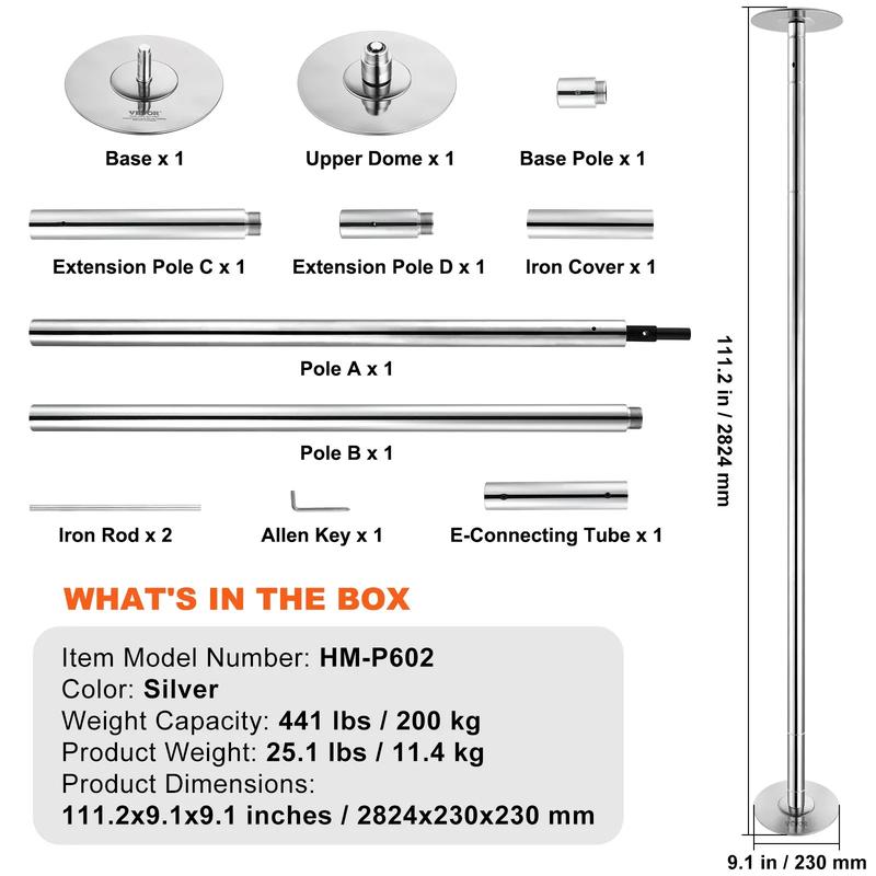 VEVOR Professional Dancing Pole, TikTokShopBlackFriday, Spinning Static Dancing Pole Kit, Portable Removable Pole, 45mm Heavy-Duty Stainless Steel Pole, Height Adjustable Fitness Pole, for Exercise Home Club Gym, Silver