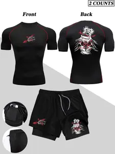 Men's Two-Piece Slim Fit Short Sleeve Set + Dual Layer Shorts, Quick-Dry Printed T-Shirt, Ideal for Gym, Running, Hiking, Soccer, Fitness Sportswear Set