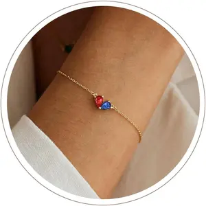 Gold Bracelets for Women Dainty 2 Birthstones Heart Charm Bracelet Non Tarnish 14K Gold Plated Red CZ Bracelets for Bridesmaid Mother Daughter Anniversary Birthday Gift