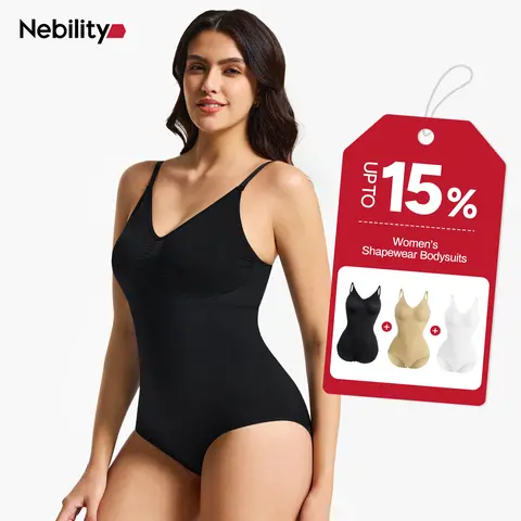 Nebility Women's Solid Seamless Bodysuit - Minimalist, Non-Slip, Wire-Free, High Waisted Shapers with Highwaist Tummy Control, Spaghetti Straps for Slimming Waist Training Under Outfits