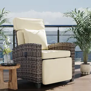 Outdoor PE Wicker Recliner Chair, 145° adjustable backrest and footrest with removable cushion and flip-up side table, steel frame all-weather design for poolside deck balcony