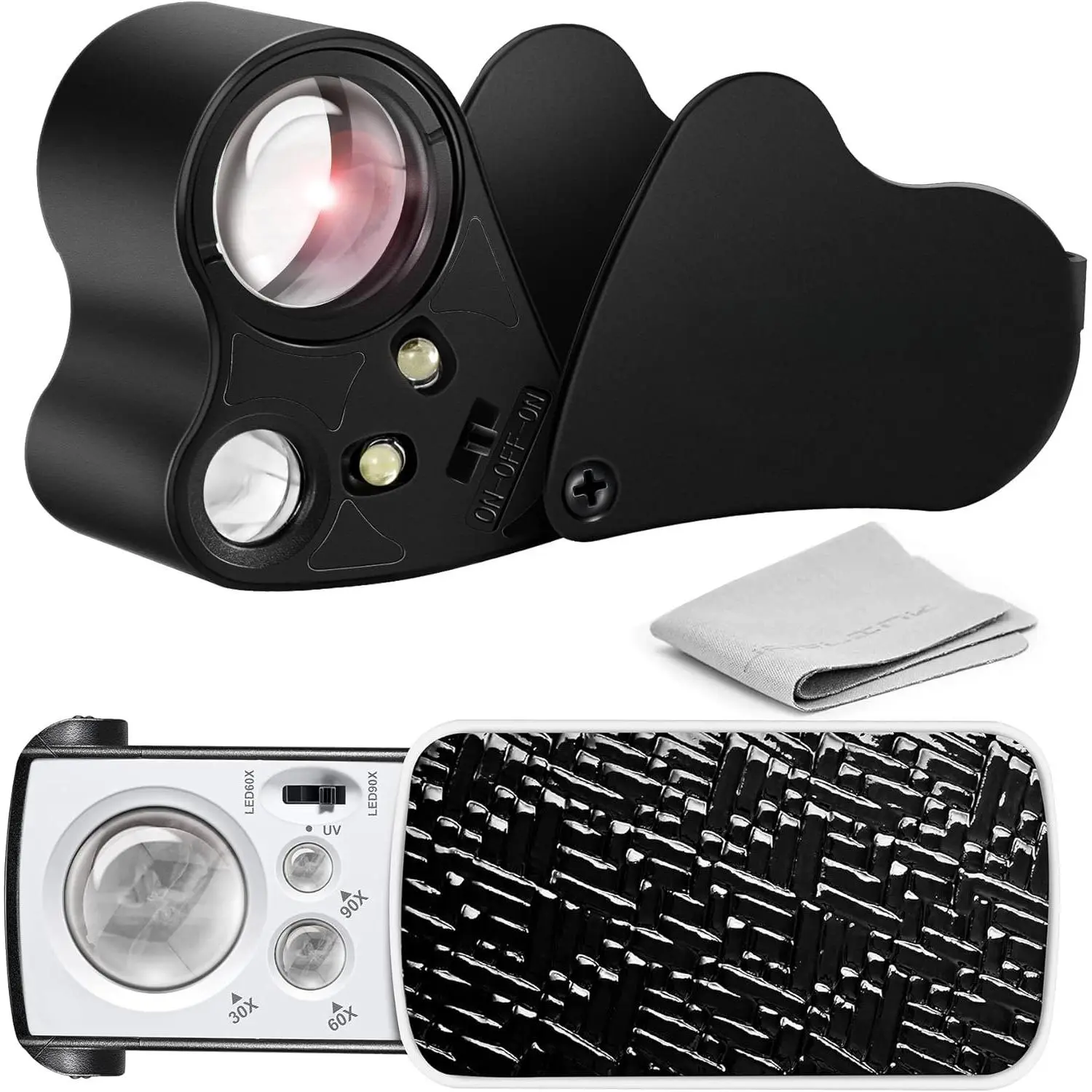 2 Pack Jewelers Loupe, 30X 60X 90X Illuminated Jewelers Eye Magnifier and Magnifying Glass Loop with UV Black Light and Bright LED Light for , , , ,  (Black)