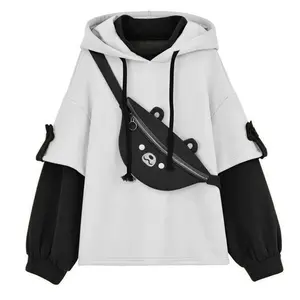 Oversized Hoodie with Bear Bag & Patchwork