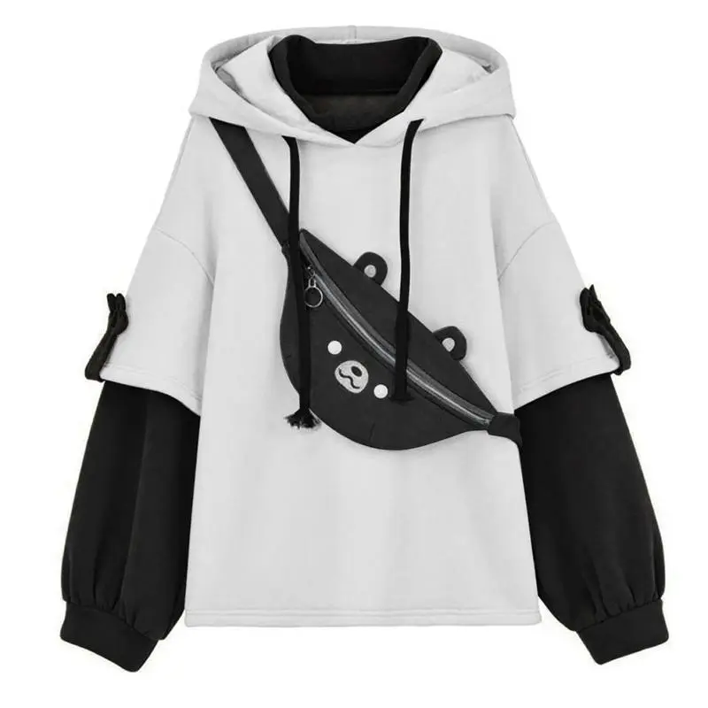 Oversized Hoodie with Bear Bag & Patchwork