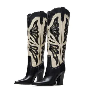 AOSPHIRAYLIAN Butterfly Embroidery Womens Cowboy Boots Vintage Chunky Heel Wide Knee High Boots Pointed Toe Pull on Western Shoes
