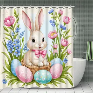 1/4pc Easter Bunny and Egg Pattern Shower Curtain Set, includes non-slip mat, U-shaped rug, and toilet seat cover. Perfect for bathroom decoration accessories, partitioning, and beautifying the space. Comes with 12 shower curtain hooks.