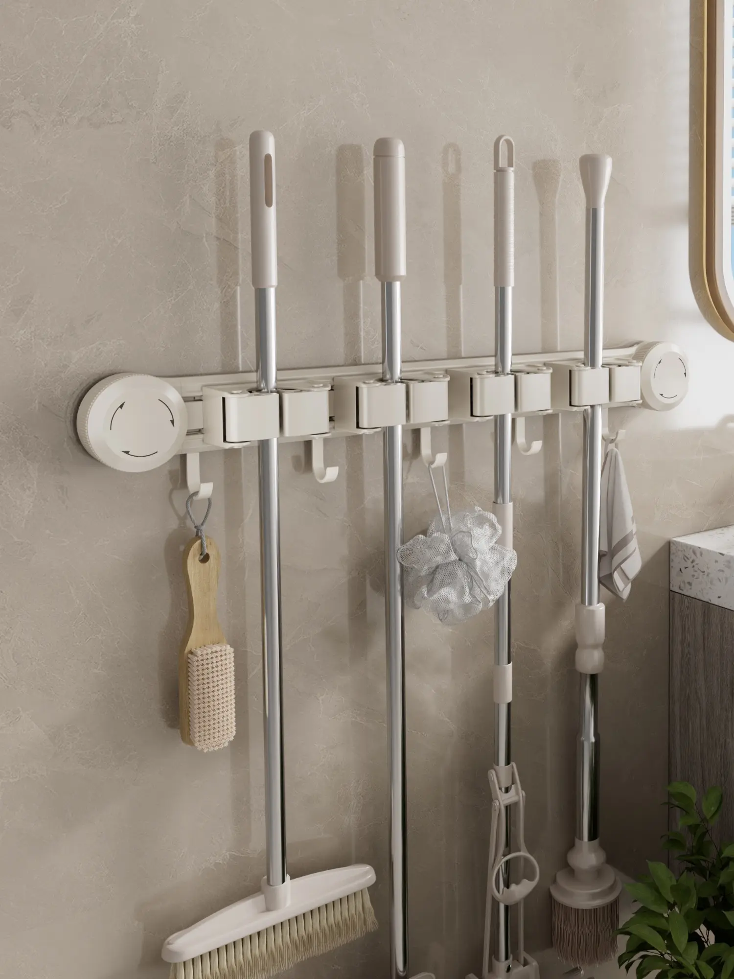 Stainless steel No Punch Suction Cup Mop Holder with Extra Hooks, Heavy Duty Wall Mount Broom Hanger, Reusable Mop Clip Cleaning Tool Storage Rack#MopHolder #SuctionCupOrganizer #BroomHolder #BathroomStorage #NoDrillHooks