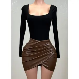 ELIANA BROWN WRAP TULIP STRETCH FAUX LEATHER MINI SKIRT