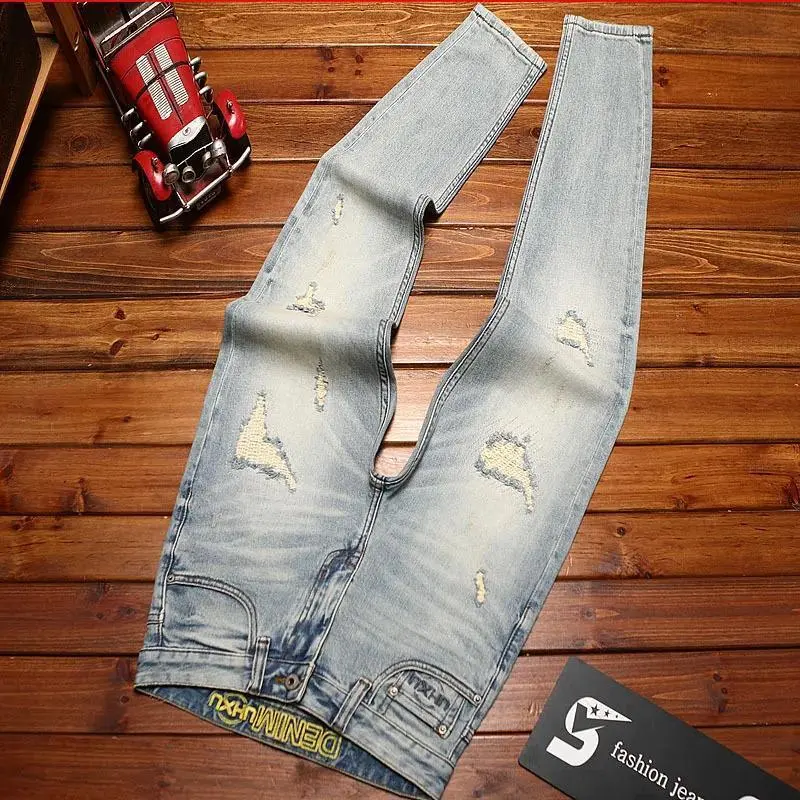 NewRipped patch jeans men's fashionable streetwear slim fit small feet washed retro nostalgic stretch denim pants