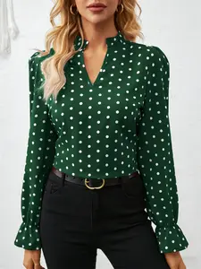 French retro polka dot V-neck shirt with multiple colors available, ruffled flared sleeve top for workplace commuting/daily dating temperament shirt