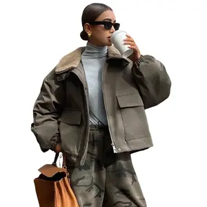 Women's Army Green Loose Casual Street Style Padded Coat with Faux Shearling Patchwork Fabric Long Sleeve Drawstring Outerwear