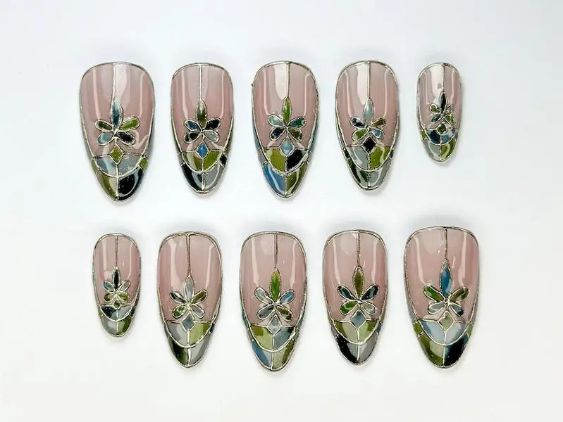 Stained Glass Press-On Nails | Stained Glass Press-On Nails | Neutral & Green Nail Design | Elegant Handcrafted Nail | Luxury Nail |