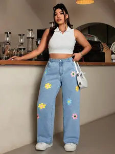 Women's Plus Size Colorful Floral Print Wide Leg Denim Jeans, High Waist Loose Fit Straight Pants, Casual Style Fashion Trend for Spring & Fall
