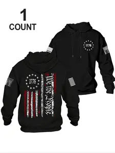 Men's Flag Print Hooded Sweatshirt, Kangaroo Pocket, Drawstring Design, Casual Loose Fit, Fall & Winter Fashion Top, Hoodie Sweatshirt