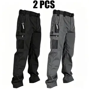 Men’s solid-color tactical cargo work pants, available in packs of 1 or 2 pieces, featuring multiple pockets and zip closures. Available in various colors. Durable outdoor training pants suitable for fishing, outdoor activities, work, hiking, and camping,