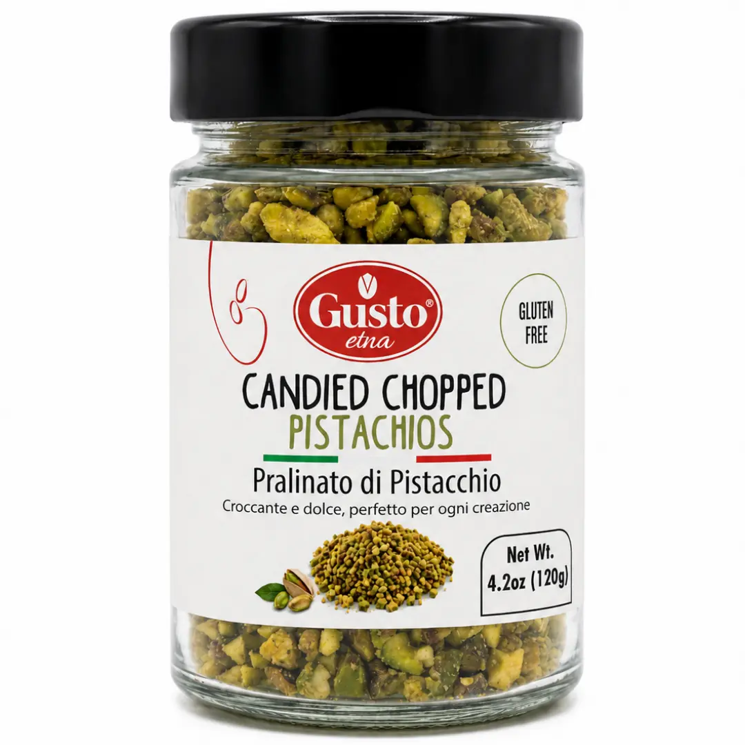 Gusto Etna Candied Chopped Pistachios, 120g / 4.2 oz – Made in Italy Pralinated Pistachio Topping for Gelato, Pastries, Cakes & Desserts