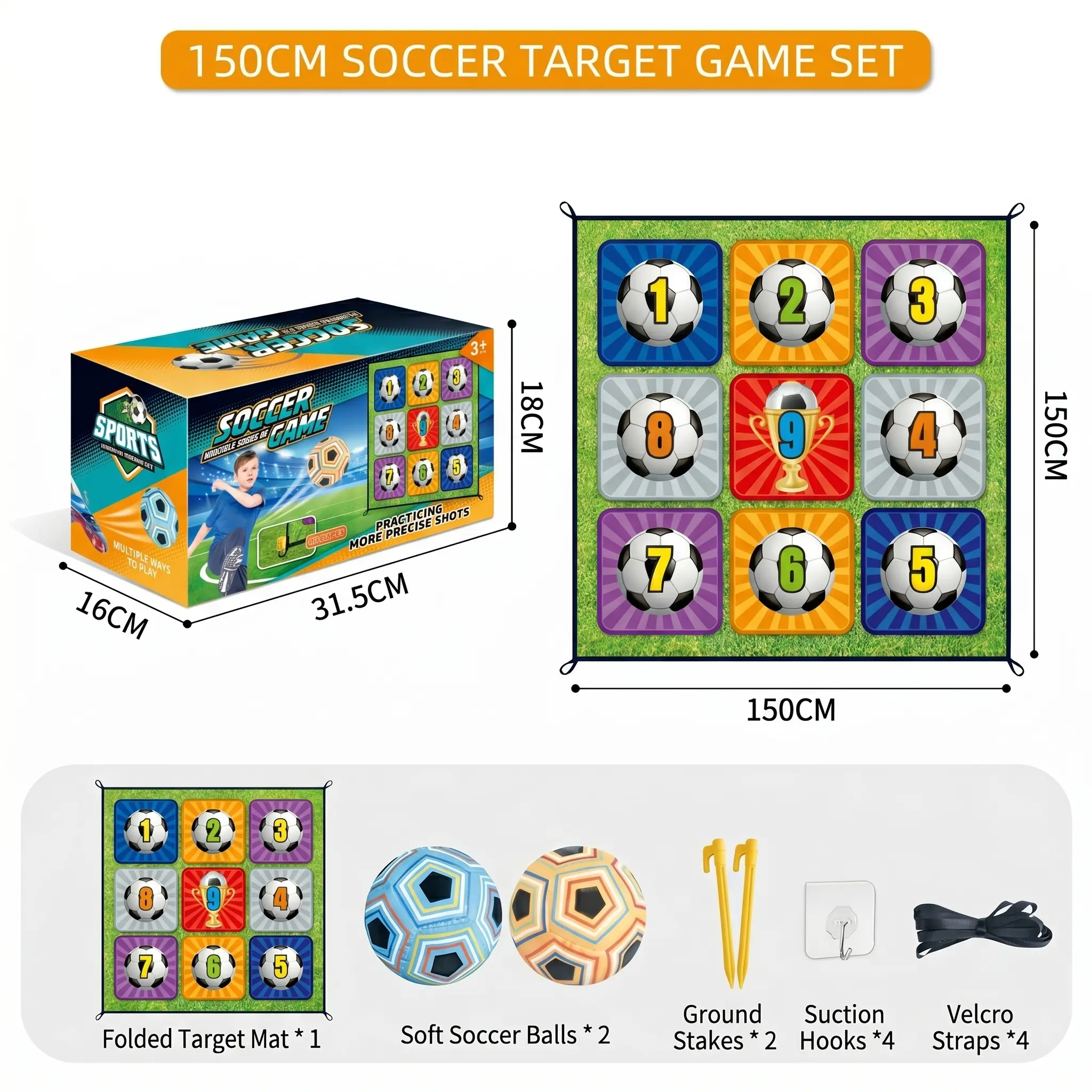 150cm Large Sticky Soccer Target Game Mat with 2 Soccer Balls, Indoor-Outdoor Energy Burner Sports Toy for Kids, Screen-Free Family Activity