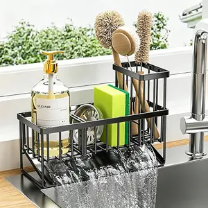 Upgraded Kitchen Sink Caddy Organizer with Drip Tray & Towel Bar, Rustproof Sink Sponge Holder, No-Drill Countertop Storage Rack for Cleaning Supplies
