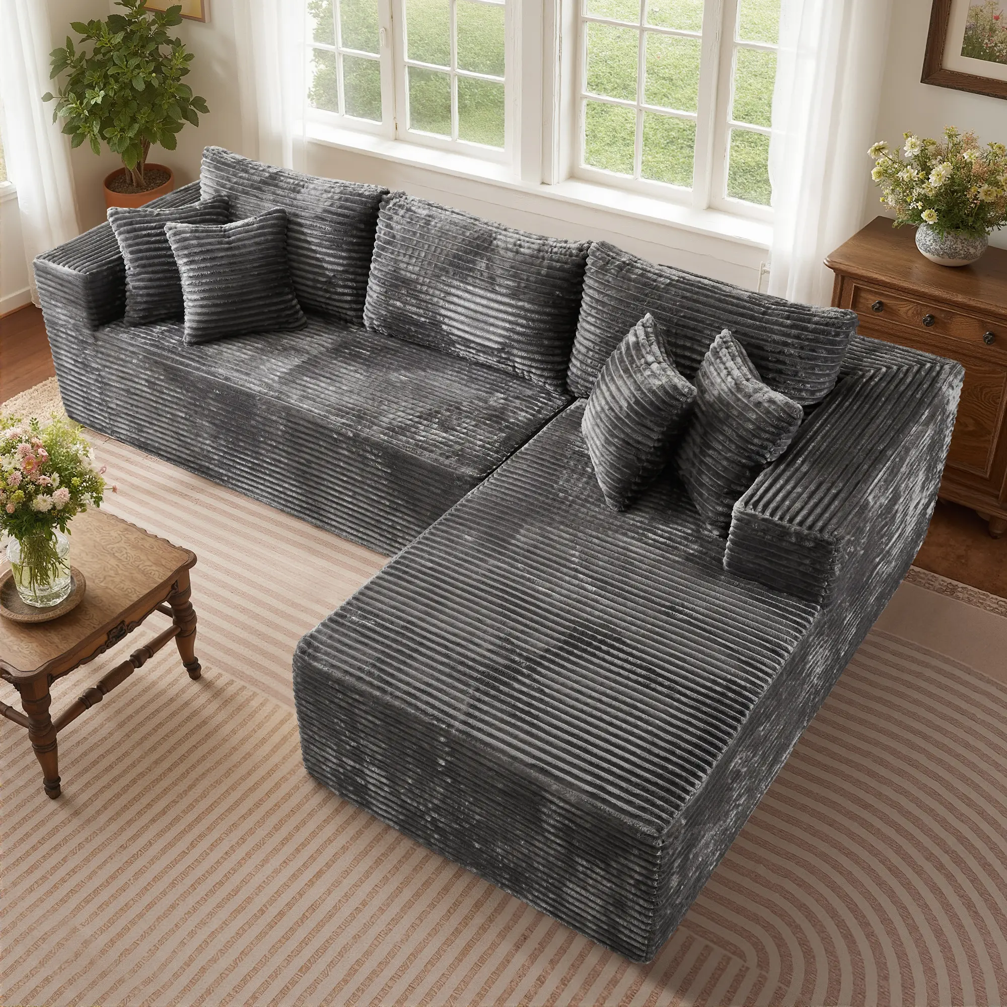108" Grey L Shaped Sofa with Right Chaise