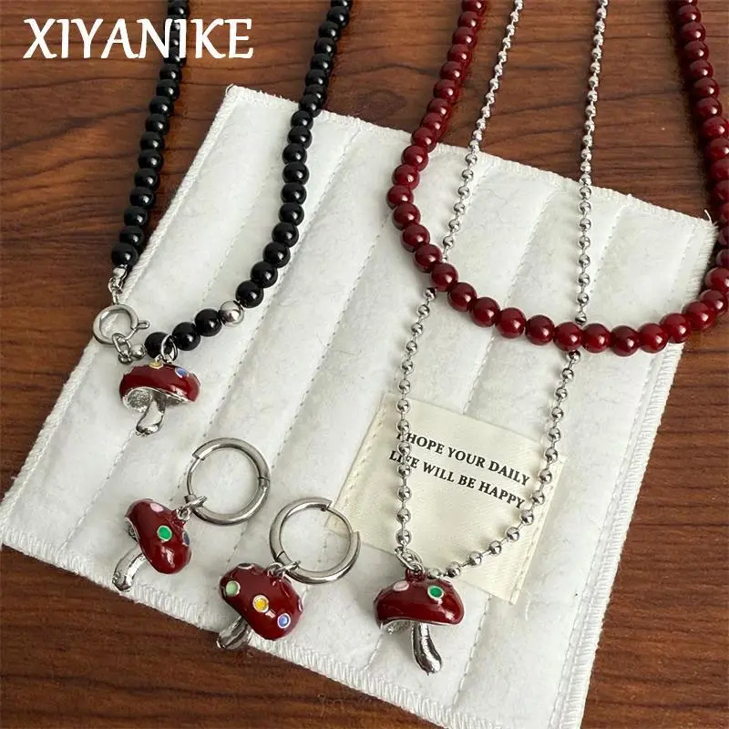 Vintage Oil-Drop Redwine Beads Mushroom Sweater Chain Necklaces For Women Fashion New Jewelry Accessories Gift Party