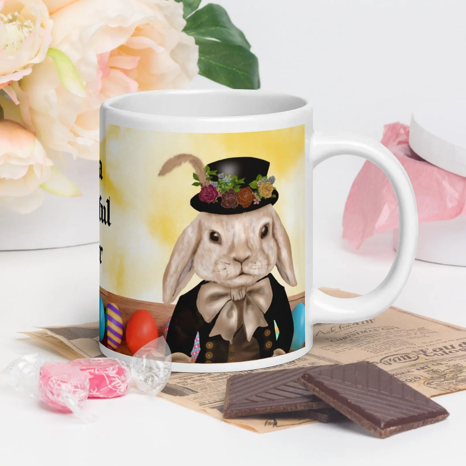 20oz Victorian Dapper Bunny Animal Easter Ceramic Mug - Glossy, Colorful Washable Kitchen Drinkware with Printed Egg, Basket Themed Design