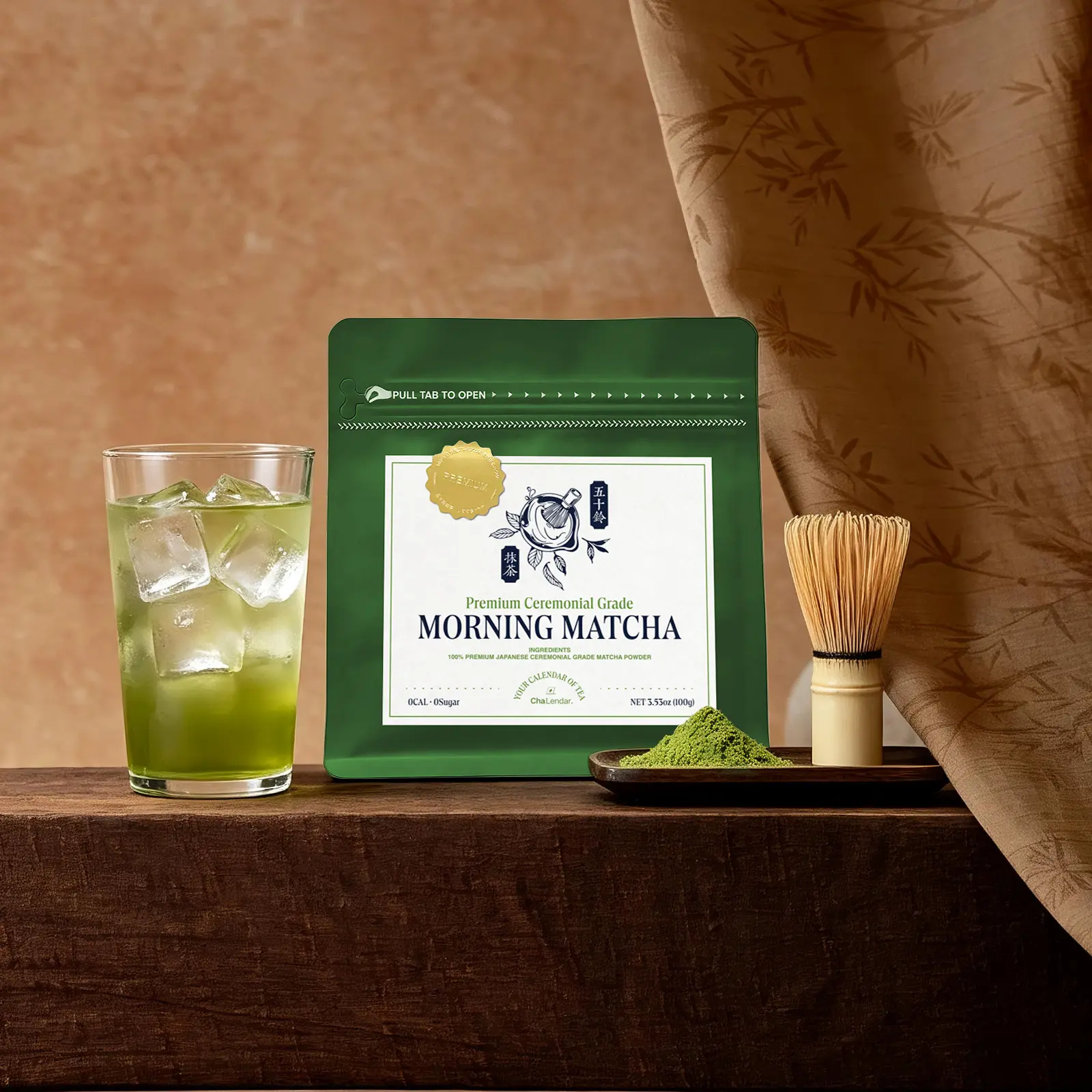 CHALENDAR MORNING MATCHA Premium Ceremonial Grade Matcha Tea Powder, Sugar-Free Stone-Ground to Under 10 Microns, No Preservatives Loose Leaf, Pure Mocha-Infused, 100g Pack, Cold/Hot Brew, 1/2/3 Pack Choices