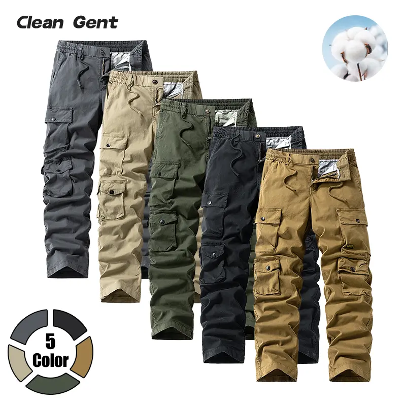Clean Gent men’s cotton casual cargo pants, skin-friendly, comfortable, breathable fabric, solid color, practical multi-pocket design with zipper and button closure, stylish and trendy, suitable for daily commuting and business occasions, Father’s Day gif