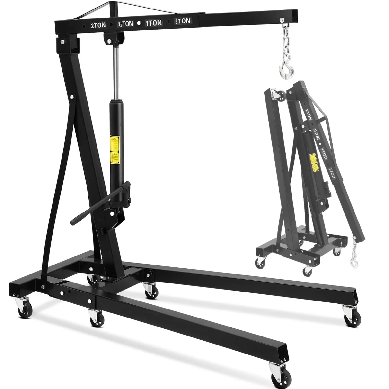 [Football Fan SeasonDeal] 4400 Lbs Folding Hydraulic Engine Hoist, 2 Ton Portable Cherry Picker with 6 Wheels & Telescopic Boom, Foldable Engine Shop Crane Lift for Home Garage, Workshop, Warehouse, Black, Heavy-Duty