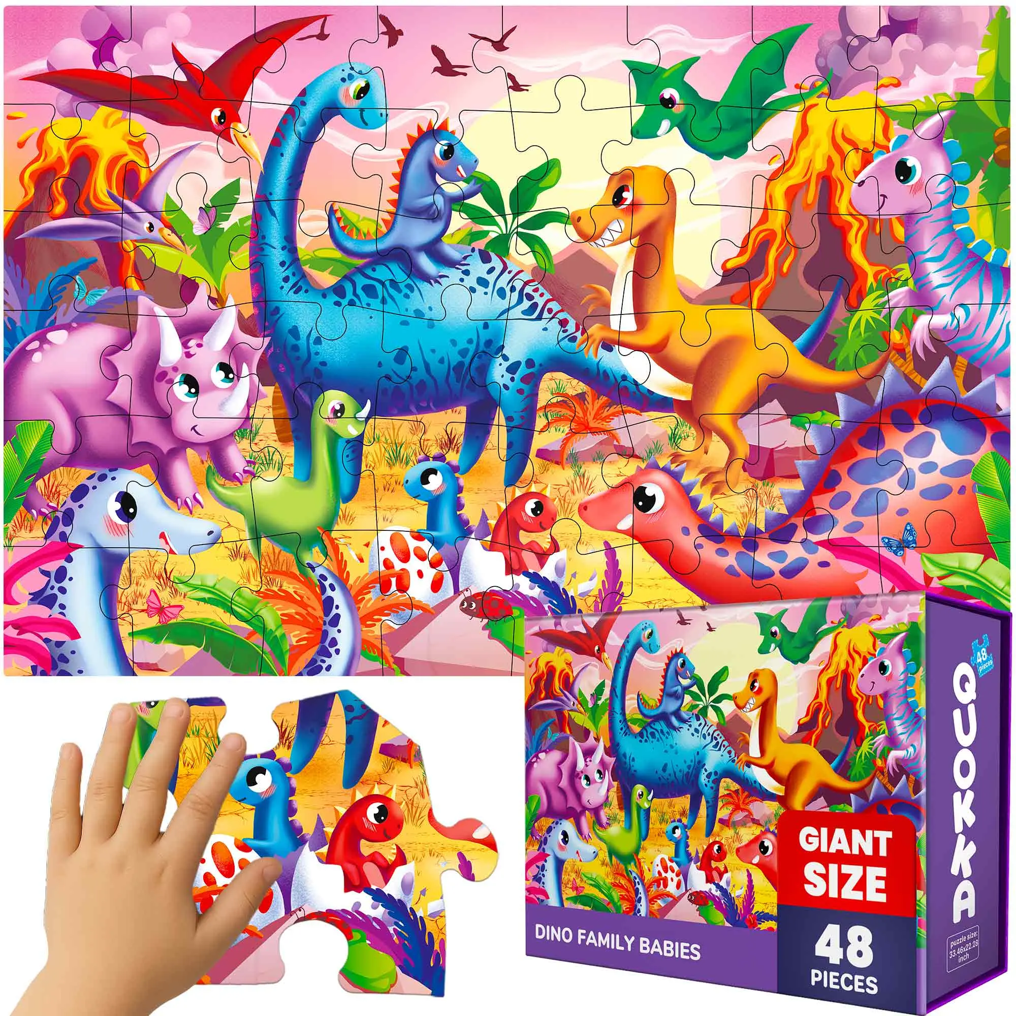 QUOKKA Giant Cardboard Floor Puzzle, 48-Piece Dinosaur Educational Teaching Tool for Kids Ages 4-8, Boosts Cognitive Development & Teamwork, Fun Toys & Hobbies Activity