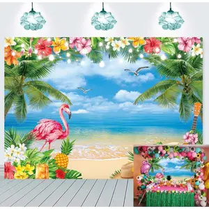Summer Hawaiian Beach Backdrop Tropical Palm Flower Flamingo Photography Background Aloha Blue Sky Ocean Banner for Luau Hawaiian Seaside Birthday Party Decorations Supplies