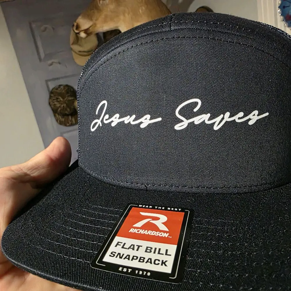 Jesus Saves Richardson 168 7 Panel Flatbill Snapback Trucker Hat - Custom Cross Print Christian Faith-Based Graphic Hat, Custom Hats