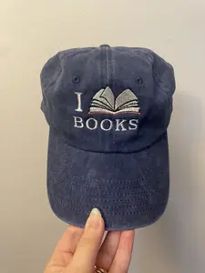 I Love Books Embroidered Denim Baseball Cap - Cute Accessory for Booktok Girlies, Adjustable Buckle, 100% Cotton, One Size Fits Adult