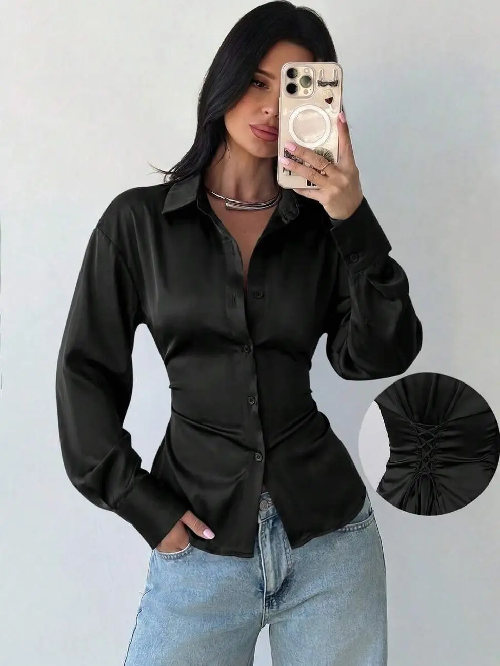 Women's Satin Button Down Shirt Long Sleeve Tie Back Blouse Slim Fit Office Casual Wear