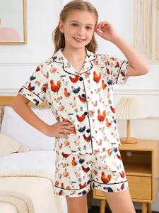 Sleepwear Sets, Cute Rooster Cartoon Pattern, Fashionable Button-Down Design, Short Sleeves & Shorts, All Seasons Wear