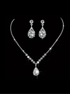 3pcs/set Elegant Rhinestone Decorated Jewelry Set, Including Dangle Drop Earrings & Pendant Necklace, Bridesmaid Bridal Jewelry Set, Wedding Engagement Bridesmaid Costume Dress Prom Jewelry Set