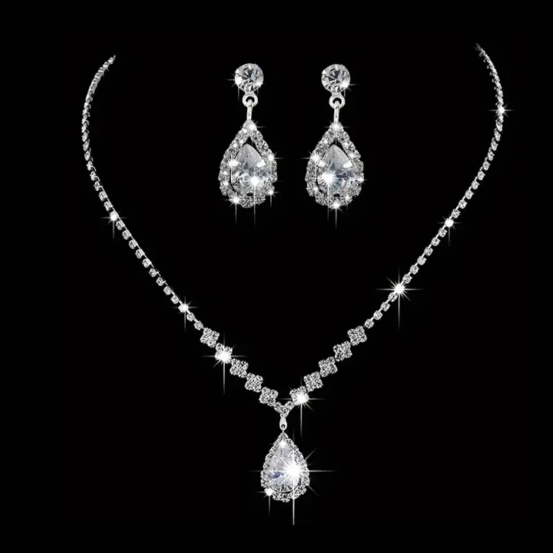 3pcs/set Elegant Rhinestone Decorated Fashionable Teardrop Jewelry Set, Including Dangle Drop Earrings & Pendant Necklace, Bridesmaid Bridal Jewelry Set For Wedding, Wedding Engagement Bridesmaid Costume Dress Prom Jewelry Set Bridal Sets