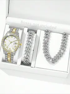 Men's Business Fashion Watch & Jewelry Set, Including Round Dial Analog Quartz Watch & Bracelet & Necklace, Trendy Watch Set for Party, Daily Decor, Exquisite Watch Set for Gift, without Box