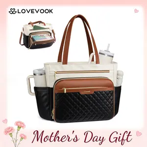 【Mother's Day Gift】LOVEVOOK Teacher Tote Bag with Accordion File Pocket, Soft PU Leather Work Briefcase Quilted Laptop Bag with Large Cup Holder