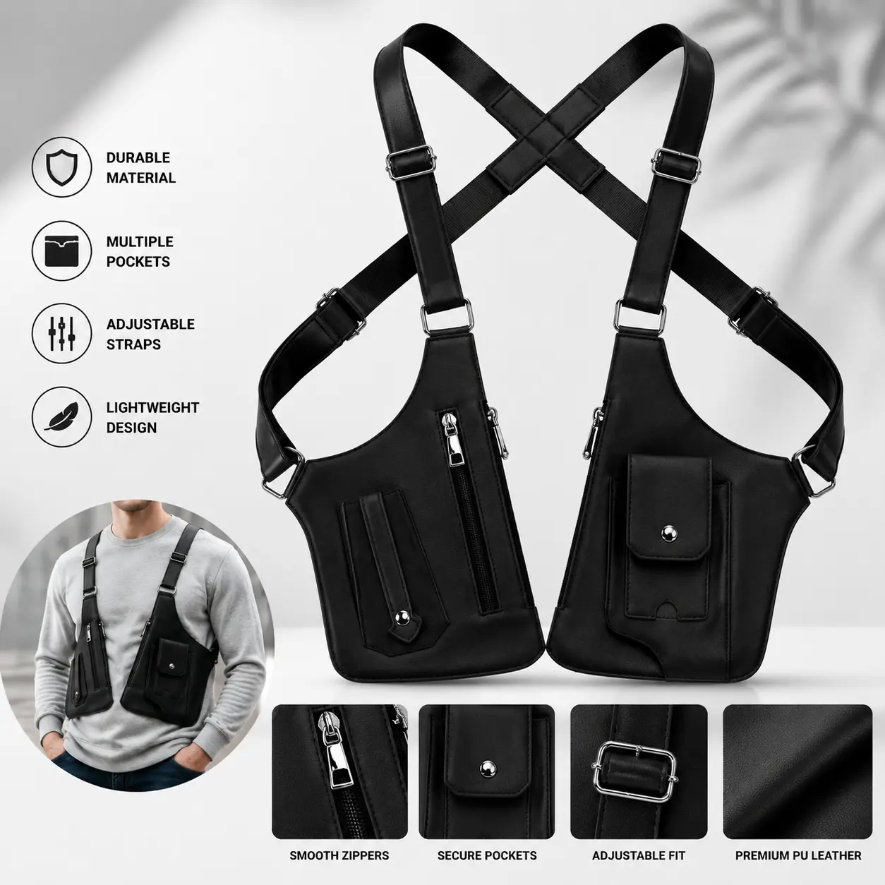 Adjustable PU Leather Underarm Shoulder Bag for Men - Anti-Theft Hidden Storage Wing Bag, Casual Lightweight Zip Crossbody Phone Wallet Holder, Double Strap for Travel, Business Use, Father's Day Gifts